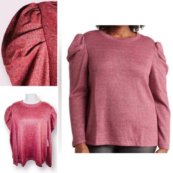 CeCe Puff Sleeve Knit Sweater Top Metallic Napa Wine Pink Plus 1X - Picture 1 of 10